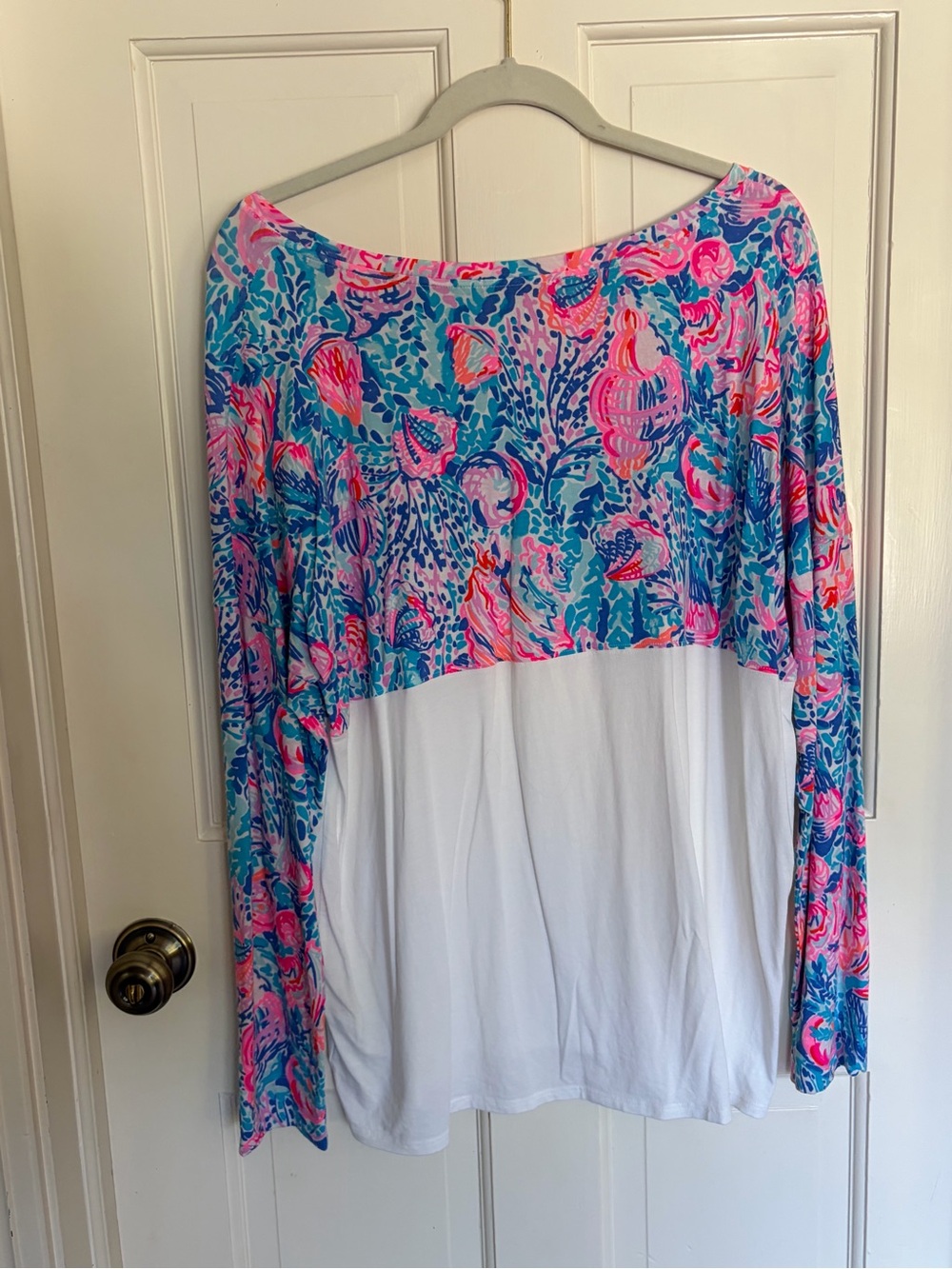 Lilly Pulitzer Blue, Pink & White Floral Colorblock Long Sleeve Top